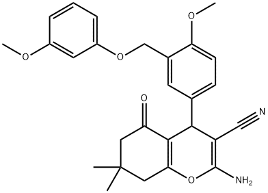 2-amino-4-{4-methoxy-3-[(3-methoxyphenoxy)methyl]phenyl}-7,7-dimethyl-5-oxo-5,6,7,8-tetrahydro-4H-chromene-3-carbonitrile Struktur