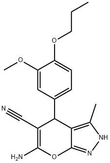 6-amino-4-(3-methoxy-4-propoxyphenyl)-3-methyl-2,4-dihydropyrano[2,3-c]pyrazole-5-carbonitrile Struktur