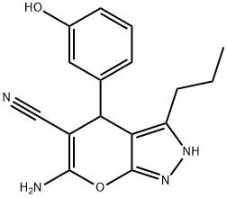 6-amino-4-(3-hydroxyphenyl)-3-propyl-2,4-dihydropyrano[2,3-c]pyrazole-5-carbonitrile Struktur