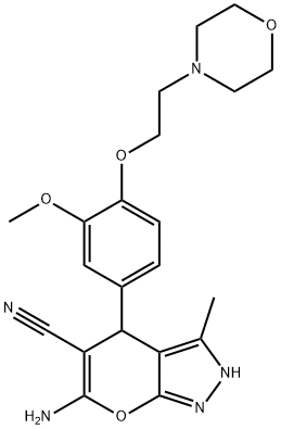 6-amino-4-{3-methoxy-4-[2-(4-morpholinyl)ethoxy]phenyl}-3-methyl-2,4-dihydropyrano[2,3-c]pyrazole-5-carbonitrile Struktur