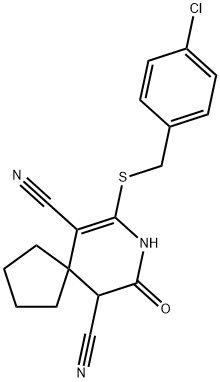 7-[(4-chlorobenzyl)sulfanyl]-9-oxo-8-azaspiro[4.5]dec-6-ene-6,10-dicarbonitrile Struktur