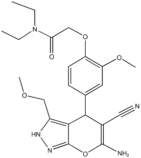 2-{4-[6-amino-5-cyano-3-(methoxymethyl)-2,4-dihydropyrano[2,3-c]pyrazol-4-yl]-2-methoxyphenoxy}-N,N-diethylacetamide Struktur