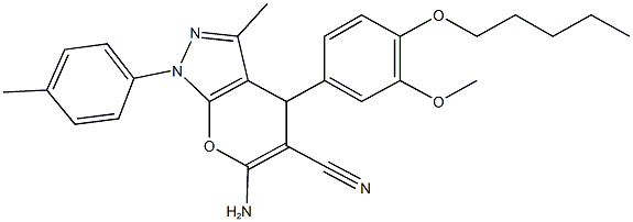 6-amino-4-[3-methoxy-4-(pentyloxy)phenyl]-3-methyl-1-(4-methylphenyl)-1,4-dihydropyrano[2,3-c]pyrazole-5-carbonitrile Struktur