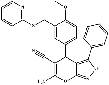 6-amino-4-{4-methoxy-3-[(2-pyridinylsulfanyl)methyl]phenyl}-3-phenyl-2,4-dihydropyrano[2,3-c]pyrazole-5-carbonitrile Struktur