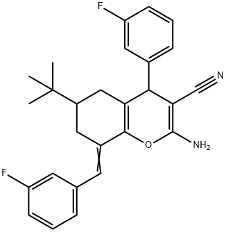 2-amino-6-tert-butyl-8-(3-fluorobenzylidene)-4-(3-fluorophenyl)-5,6,7,8-tetrahydro-4H-chromene-3-carbonitrile Struktur