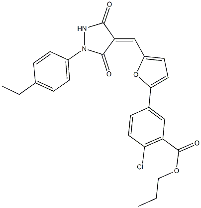 propyl 2-chloro-5-(5-{[1-(4-ethylphenyl)-3,5-dioxo-4-pyrazolidinylidene]methyl}-2-furyl)benzoate Struktur