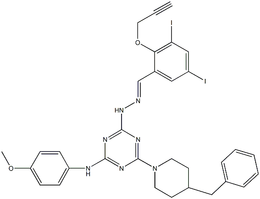 3,5-diiodo-2-(2-propynyloxy)benzaldehyde [4-(4-benzyl-1-piperidinyl)-6-(4-methoxyanilino)-1,3,5-triazin-2-yl]hydrazone Struktur