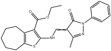 ethyl 2-{[(3-methyl-5-oxo-1-phenyl-1,5-dihydro-4H-pyrazol-4-ylidene)methyl]amino}-5,6,7,8-tetrahydro-4H-cyclohepta[b]thiophene-3-carboxylate Struktur