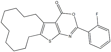 2-(2-fluorophenyl)-5,6,7,8,9,10,11,12,13,14-decahydro-4H-cyclododeca[4,5]thieno[2,3-d][1,3]oxazin-4-one Struktur