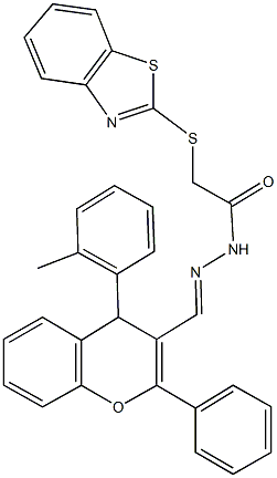 2-(1,3-benzothiazol-2-ylsulfanyl)-N'-{[4-(2-methylphenyl)-2-phenyl-4H-chromen-3-yl]methylene}acetohydrazide Struktur