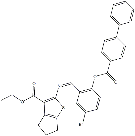 ethyl 2-({2-[([1,1'-biphenyl]-4-ylcarbonyl)oxy]-5-bromobenzylidene}amino)-5,6-dihydro-4H-cyclopenta[b]thiophene-3-carboxylate Struktur