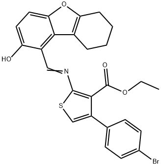 ethyl 4-(4-bromophenyl)-2-{[(2-hydroxy-6,7,8,9-tetrahydrodibenzo[b,d]furan-1-yl)methylene]amino}-3-thiophenecarboxylate Struktur