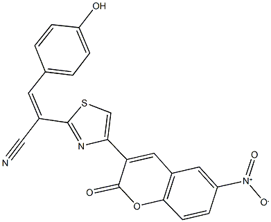 2-(4-{6-nitro-2-oxo-2H-chromen-3-yl}-1,3-thiazol-2-yl)-3-(4-hydroxyphenyl)acrylonitrile Struktur