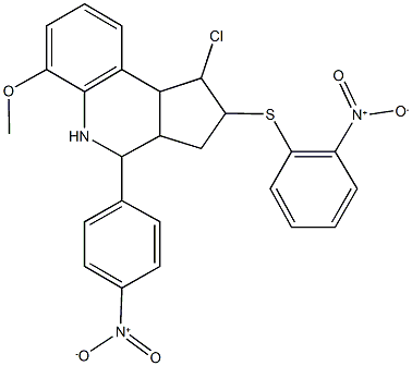 1-chloro-4-{4-nitrophenyl}-2-({2-nitrophenyl}sulfanyl)-6-methoxy-2,3,3a,4,5,9b-hexahydro-1H-cyclopenta[c]quinoline Struktur