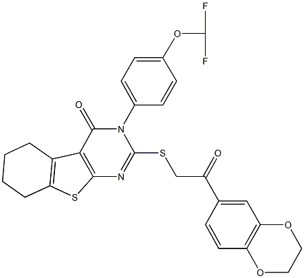 3-[4-(difluoromethoxy)phenyl]-2-{[2-(2,3-dihydro-1,4-benzodioxin-6-yl)-2-oxoethyl]sulfanyl}-5,6,7,8-tetrahydro[1]benzothieno[2,3-d]pyrimidin-4(3H)-one Struktur