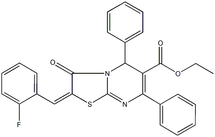 ethyl 2-(2-fluorobenzylidene)-3-oxo-5,7-diphenyl-2,3-dihydro-5H-[1,3]thiazolo[3,2-a]pyrimidine-6-carboxylate Struktur