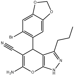 6-amino-4-(6-bromo-1,3-benzodioxol-5-yl)-3-propyl-1,4-dihydropyrano[2,3-c]pyrazole-5-carbonitrile Struktur