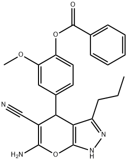 4-(6-amino-5-cyano-3-propyl-1,4-dihydropyrano[2,3-c]pyrazol-4-yl)-2-methoxyphenyl benzoate Struktur