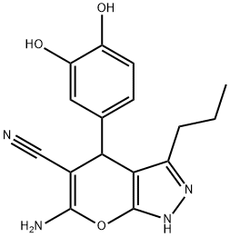 6-amino-4-(3,4-dihydroxyphenyl)-3-propyl-1,4-dihydropyrano[2,3-c]pyrazole-5-carbonitrile Struktur