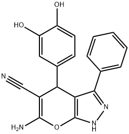 6-amino-4-(3,4-dihydroxyphenyl)-3-phenyl-1,4-dihydropyrano[2,3-c]pyrazole-5-carbonitrile Struktur