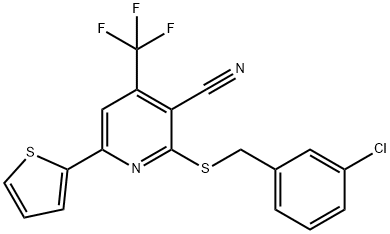 2-[(3-chlorobenzyl)sulfanyl]-6-(2-thienyl)-4-(trifluoromethyl)nicotinonitrile Struktur