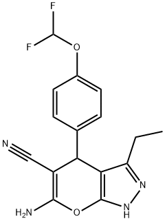 6-amino-4-[4-(difluoromethoxy)phenyl]-3-ethyl-1,4-dihydropyrano[2,3-c]pyrazole-5-carbonitrile Struktur