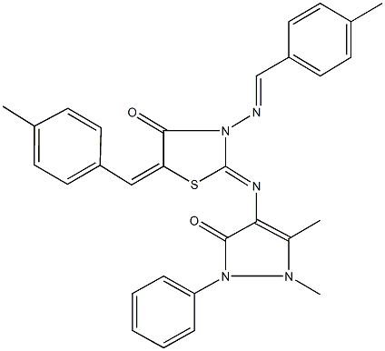 2-[(1,5-dimethyl-3-oxo-2-phenyl-2,3-dihydro-1H-pyrazol-4-yl)imino]-5-(4-methylbenzylidene)-3-[(4-methylbenzylidene)amino]-1,3-thiazolidin-4-one Struktur