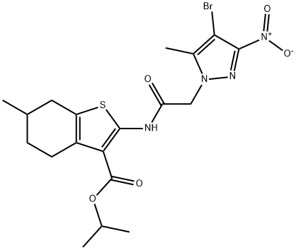 isopropyl 2-[({4-bromo-3-nitro-5-methyl-1H-pyrazol-1-yl}acetyl)amino]-6-methyl-4,5,6,7-tetrahydro-1-benzothiophene-3-carboxylate Struktur