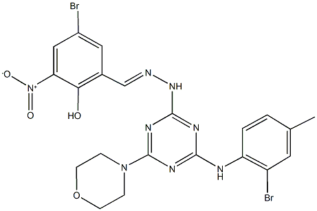 5-bromo-2-hydroxy-3-nitrobenzaldehyde [4-(2-bromo-4-methylanilino)-6-(4-morpholinyl)-1,3,5-triazin-2-yl]hydrazone Struktur