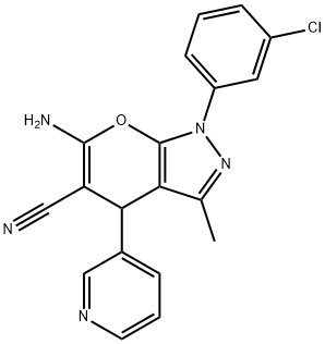 6-amino-1-(3-chlorophenyl)-3-methyl-4-(3-pyridinyl)-1,4-dihydropyrano[2,3-c]pyrazole-5-carbonitrile Struktur