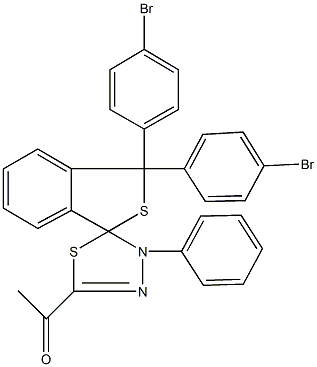 1-[1,1-bis(4-bromophenyl)-4'-phenyl-1,3,4',5'-tetrahydrospiro(2-benzothiophene-3,5'-[1,3,4]-thiadiazole)-2'-yl]ethanone Struktur