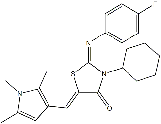 3-cyclohexyl-2-[(4-fluorophenyl)imino]-5-[(1,2,5-trimethyl-1H-pyrrol-3-yl)methylene]-1,3-thiazolidin-4-one Struktur