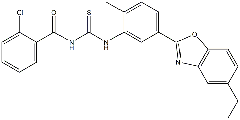 N-(2-chlorobenzoyl)-N'-[5-(5-ethyl-1,3-benzoxazol-2-yl)-2-methylphenyl]thiourea Struktur