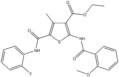 ethyl 5-[(2-fluoroanilino)carbonyl]-2-[(2-methoxybenzoyl)amino]-4-methyl-3-thiophenecarboxylate Struktur