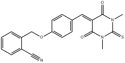 2-({4-[(1,3-dimethyl-4,6-dioxo-2-thioxotetrahydro-5(2H)-pyrimidinylidene)methyl]phenoxy}methyl)benzonitrile Struktur