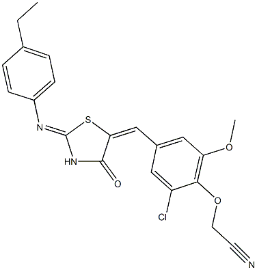 [2-chloro-4-({2-[(4-ethylphenyl)imino]-4-oxo-1,3-thiazolidin-5-ylidene}methyl)-6-methoxyphenoxy]acetonitrile Struktur