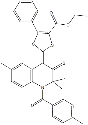 ethyl 5-phenyl-2-(2,2,6-trimethyl-1-(4-methylbenzoyl)-3-thioxo-2,3-dihydro-4(1H)-quinolinylidene)-1,3-dithiole-4-carboxylate Struktur