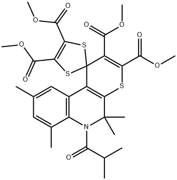 tetramethyl 6-(2-methylpropanoyl)-5,5,7,9-tetramethyl-5,6-dihydro-spiro(1H-thiopyrano[2,3-c]quinoline-1,2'-[1,3]-dithiole)-2,3,4',5'-tetracarboxylate Struktur