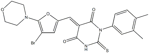 5-{[4-bromo-5-(4-morpholinyl)-2-furyl]methylene}-1-(3,4-dimethylphenyl)-2-thioxodihydro-4,6(1H,5H)-pyrimidinedione Struktur