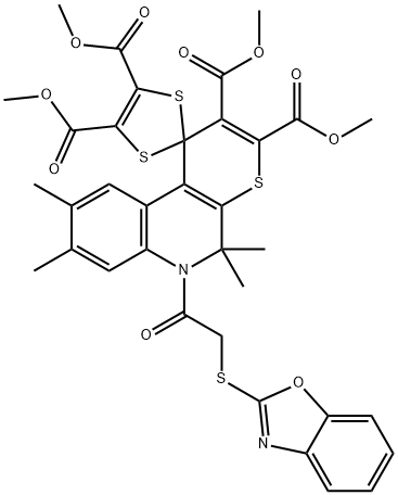 tetramethyl 6'-[(1,3-benzoxazol-2-ylsulfanyl)acetyl]-5',5',8',9'-tetramethyl-5',6'-dihydrospiro[1,3-dithiole-2,1'-(1'H)-thiopyrano[2,3-c]quinoline]-2',3',4,5-tetracarboxylate Struktur