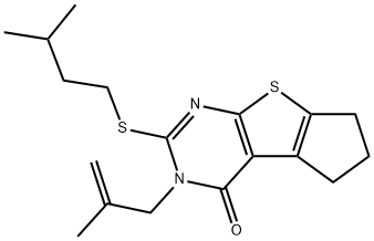 2-(isopentylsulfanyl)-3-(2-methyl-2-propenyl)-3,5,6,7-tetrahydro-4H-cyclopenta[4,5]thieno[2,3-d]pyrimidin-4-one Struktur