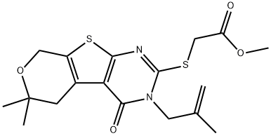 methyl {[6,6-dimethyl-3-(2-methyl-2-propenyl)-4-oxo-3,5,6,8-tetrahydro-4H-pyrano[4',3':4,5]thieno[2,3-d]pyrimidin-2-yl]sulfanyl}acetate Struktur