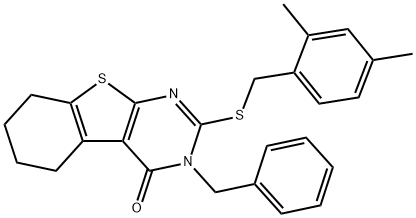 3-benzyl-2-[(2,4-dimethylbenzyl)sulfanyl]-5,6,7,8-tetrahydro[1]benzothieno[2,3-d]pyrimidin-4(3H)-one Struktur