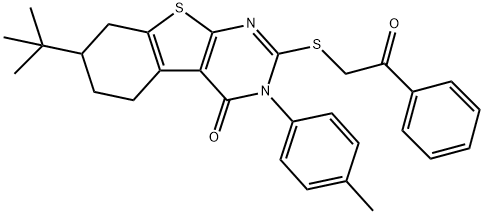 7-tert-butyl-3-(4-methylphenyl)-2-[(2-oxo-2-phenylethyl)sulfanyl]-5,6,7,8-tetrahydro[1]benzothieno[2,3-d]pyrimidin-4(3H)-one Struktur