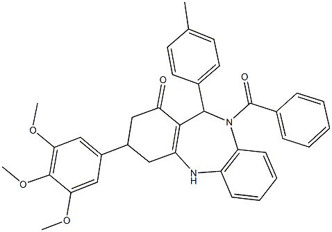 10-benzoyl-11-(4-methylphenyl)-3-(3,4,5-trimethoxyphenyl)-2,3,4,5,10,11-hexahydro-1H-dibenzo[b,e][1,4]diazepin-1-one Struktur