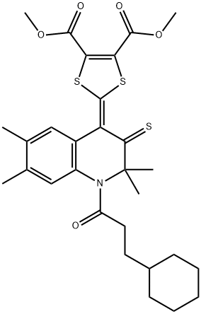 dimethyl 2-(1-(3-cyclohexylpropanoyl)-2,2,6,7-tetramethyl-3-thioxo-2,3-dihydro-4(1H)-quinolinylidene)-1,3-dithiole-4,5-dicarboxylate Struktur