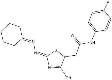 2-[2-(cyclohexylidenehydrazono)-4-hydroxy-2,5-dihydro-1,3-thiazol-5-yl]-N-(4-fluorophenyl)acetamide Struktur