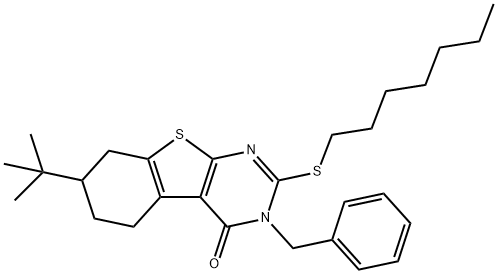 3-benzyl-7-tert-butyl-2-(heptylsulfanyl)-5,6,7,8-tetrahydro[1]benzothieno[2,3-d]pyrimidin-4(3H)-one Struktur