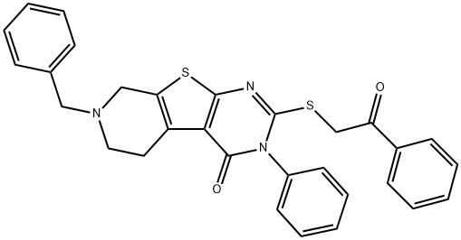 7-benzyl-2-[(2-oxo-2-phenylethyl)sulfanyl]-3-phenyl-5,6,7,8-tetrahydropyrido[4',3':4,5]thieno[2,3-d]pyrimidin-4(3H)-one Struktur