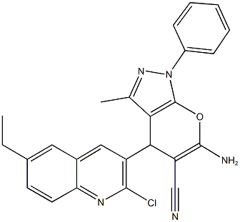 6-amino-4-(2-chloro-6-ethyl-3-quinolinyl)-3-methyl-1-phenyl-1,4-dihydropyrano[2,3-c]pyrazole-5-carbonitrile Struktur